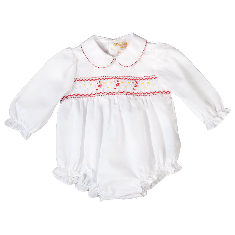 Red Striped Candy Cane Smocked White L.Sleeve Girl Bubble 19H 6599 BUG