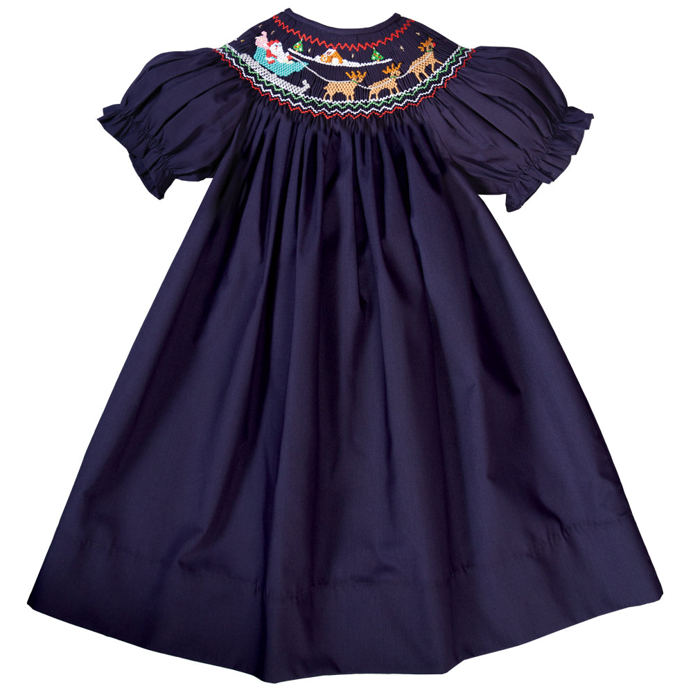 Delivering Santa & Reindeer Navy Blue Smocked Bishop 19H 6601 A