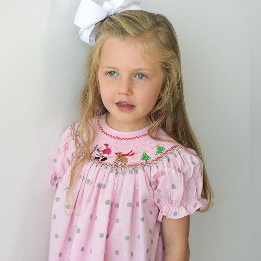 Santa & Reindeer Pink Multi Dot Smocked Bishop 19H 6602 A