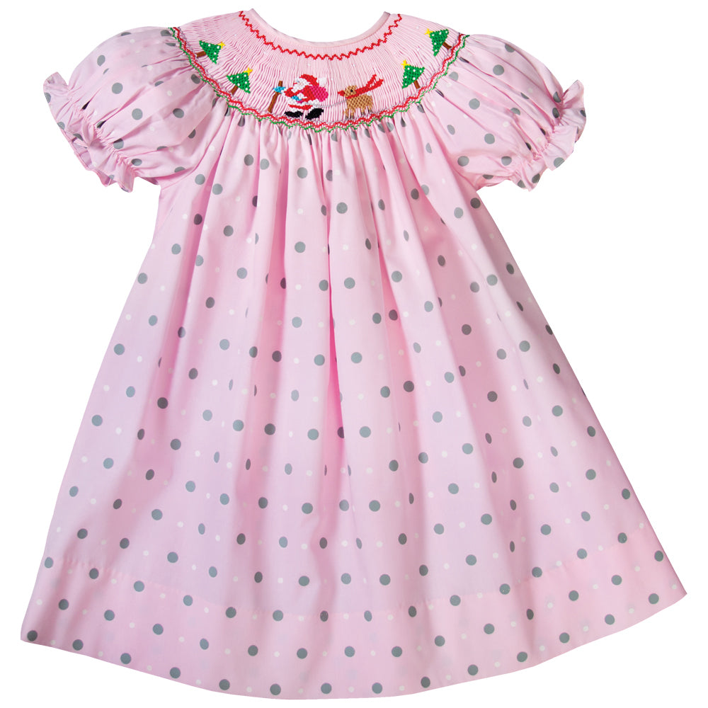 Santa & Reindeer Pink Multi Dot Smocked Bishop 19H 6602 A