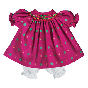 Fancy Presents Magenta Multi Dot Smocked Doll Dress 19H 6607 DD