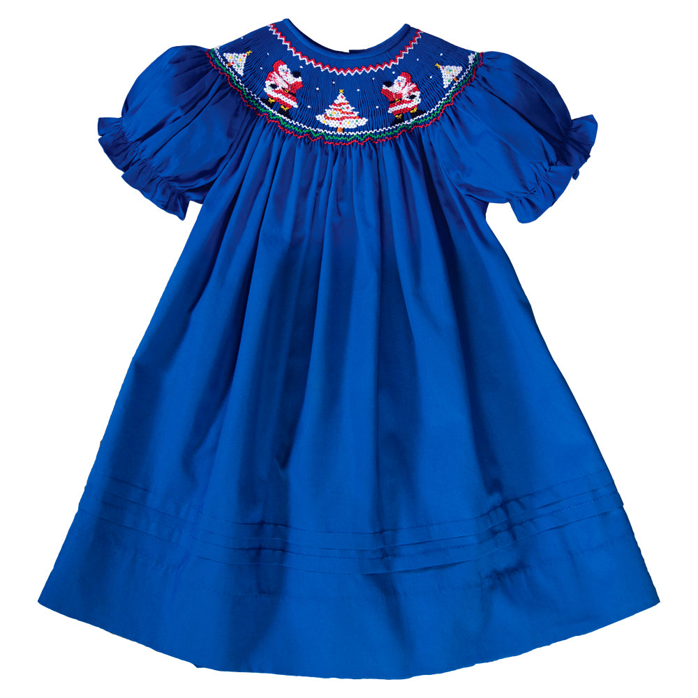 Waving Santas Royal Blue Smocked Bishop 19H 6609 A