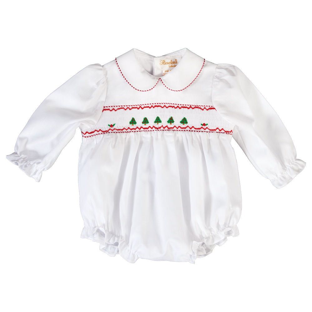 Christmas Trees Smocked L.Sleeve Girl White Bubble 19H 6611BUG