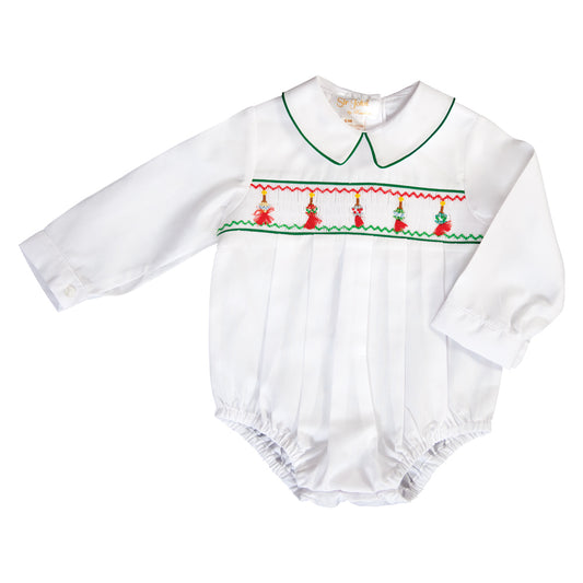 Tasseled Christmas Ornament Smocked L.Sleeve Boy Bubble with Green Trim 19H 6612 BUB