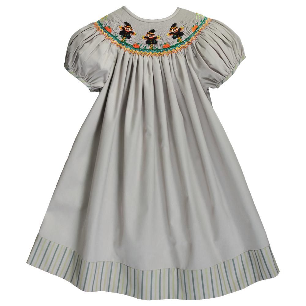 Scarecrows Grey Khaki Smocked Bishop with Striped Hem and Cap Sleeves 19F 6613 A
