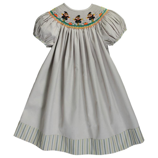 Scarecrows Grey Khaki Smocked Bishop with Striped Hem and Cap Sleeves 19F 6613 A