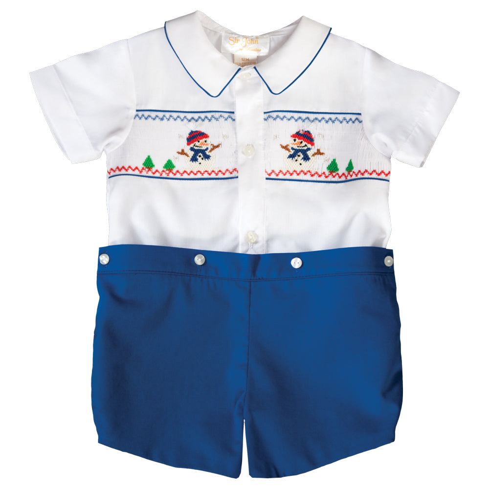 Snowman White / Royal Blue Smocked Button-On Short Set 19H 6616 SS1