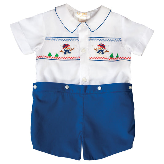 Snowman White / Royal Blue Smocked Button-On Short Set 19H 6616 SS1