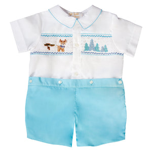 North Pole Rudolph White / Turquoise Smocked Button-On Short Set 19H 6617 SS1