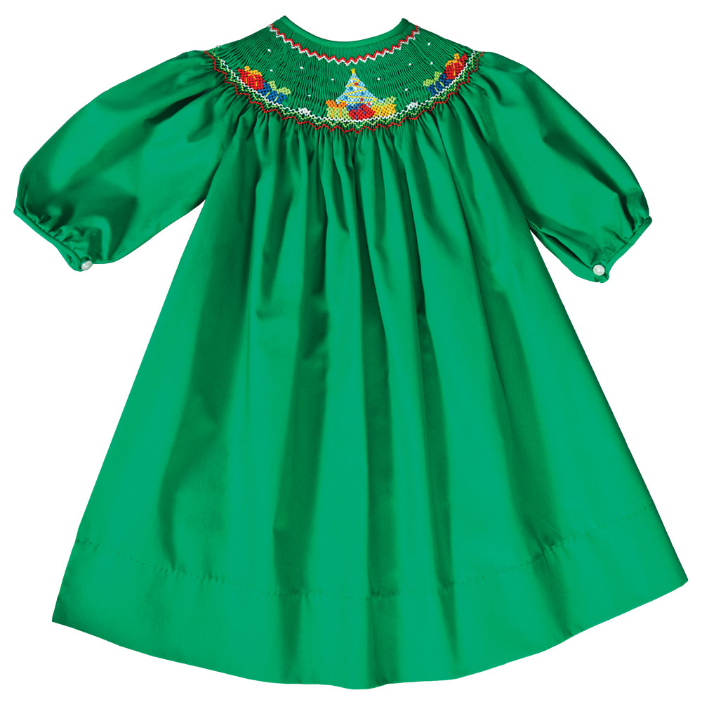 Christmas Tree w/Presents Smocked Green Bishop 3/4 Cap Sleeves 19H 6618 A