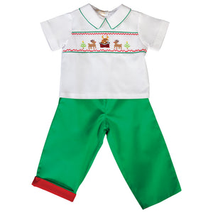 Reindeer Chimney White / Green Smocked Pant Set