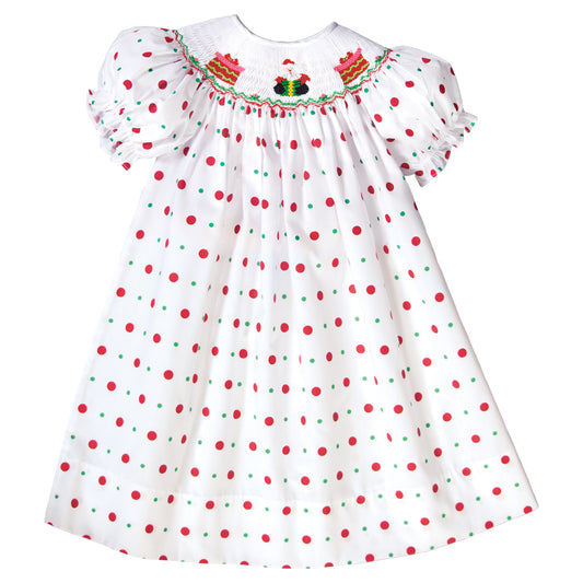 Santa Presents White Multi Dots Smocked Bishop 19H 6632 A