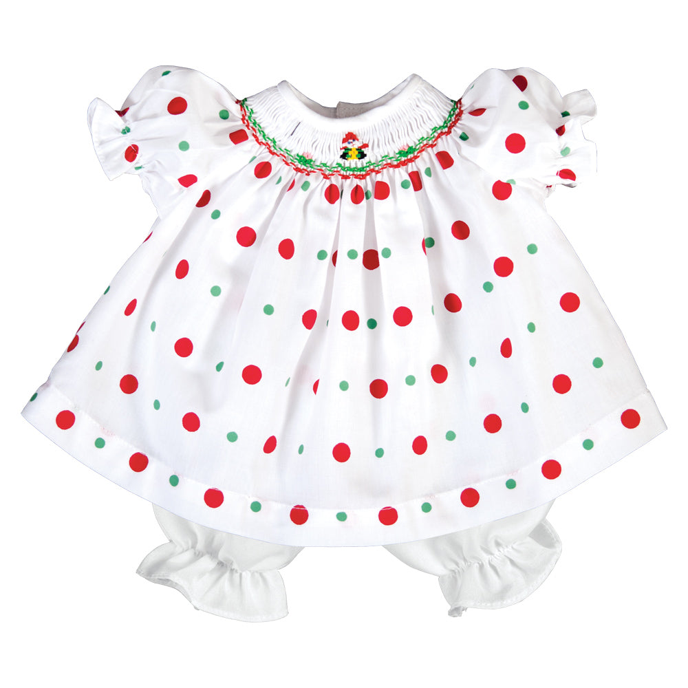 Santa Presents White Multi Dot Smocked Doll Dress 19H 6632 DD