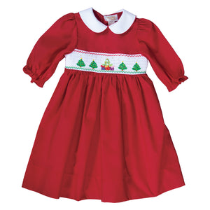 Christmas Trees & Presents Red Smocked L.Sleeve Baby Dress 19H 6633 D