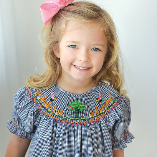 Apple Tree Navy Blue Gingham Smocked Bishop 19F 6634 A