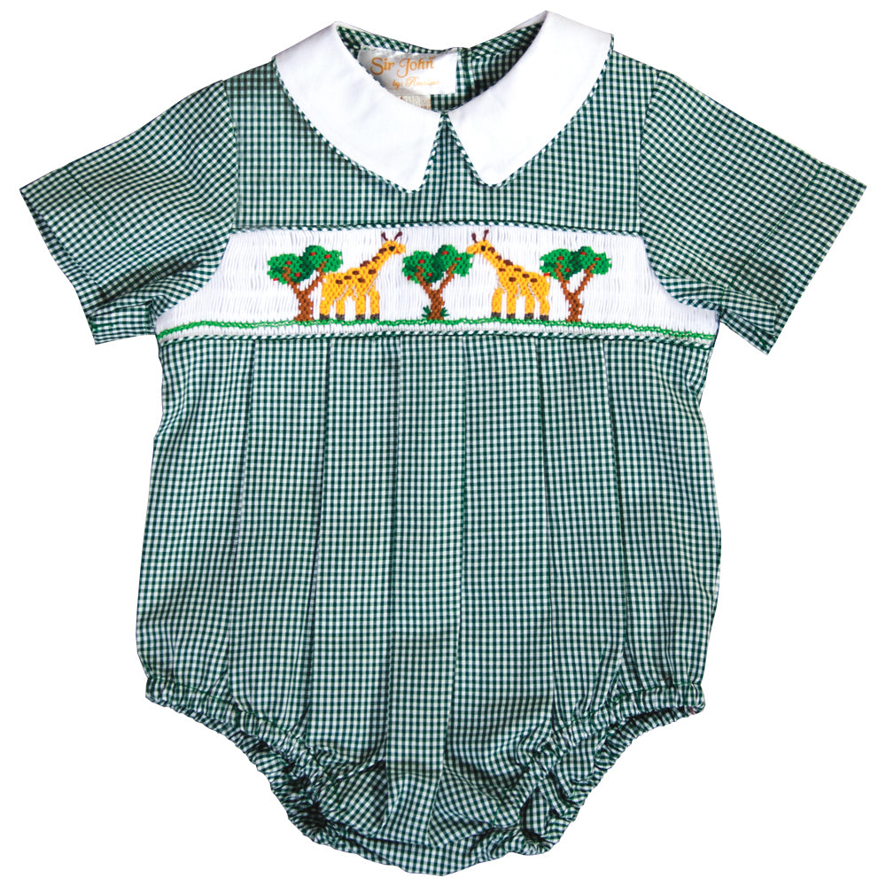 Nibbling Giraffes Green Gingham Smocked Boy Bubble 19F 6639 BUB