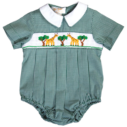 Nibbling Giraffes Green Gingham Smocked Boy Bubble 19F 6639 BUB