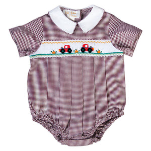 Autumn Tractor Brown Gingham Smocked Boy Bubble 19F 6640 BUB
