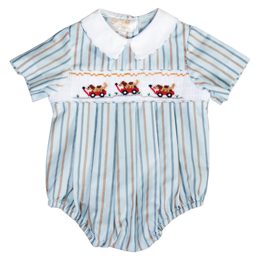 Rover Red Wagon Blue Striped Smocked Boy Bubble 19F 6642 BUB