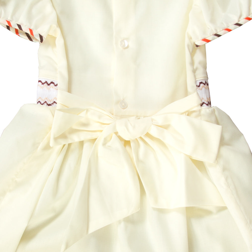 Sarah Lt. Yellow English Smocked Baby Dress with Striped Hem and Cap Sleeves 19F 6645 D
