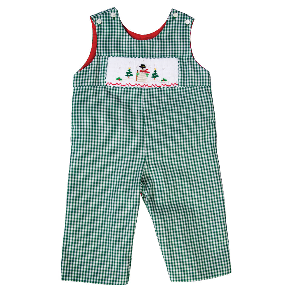 Snowman Lg. Green Gingham Smocked Reversible Longall 19H 6649 L