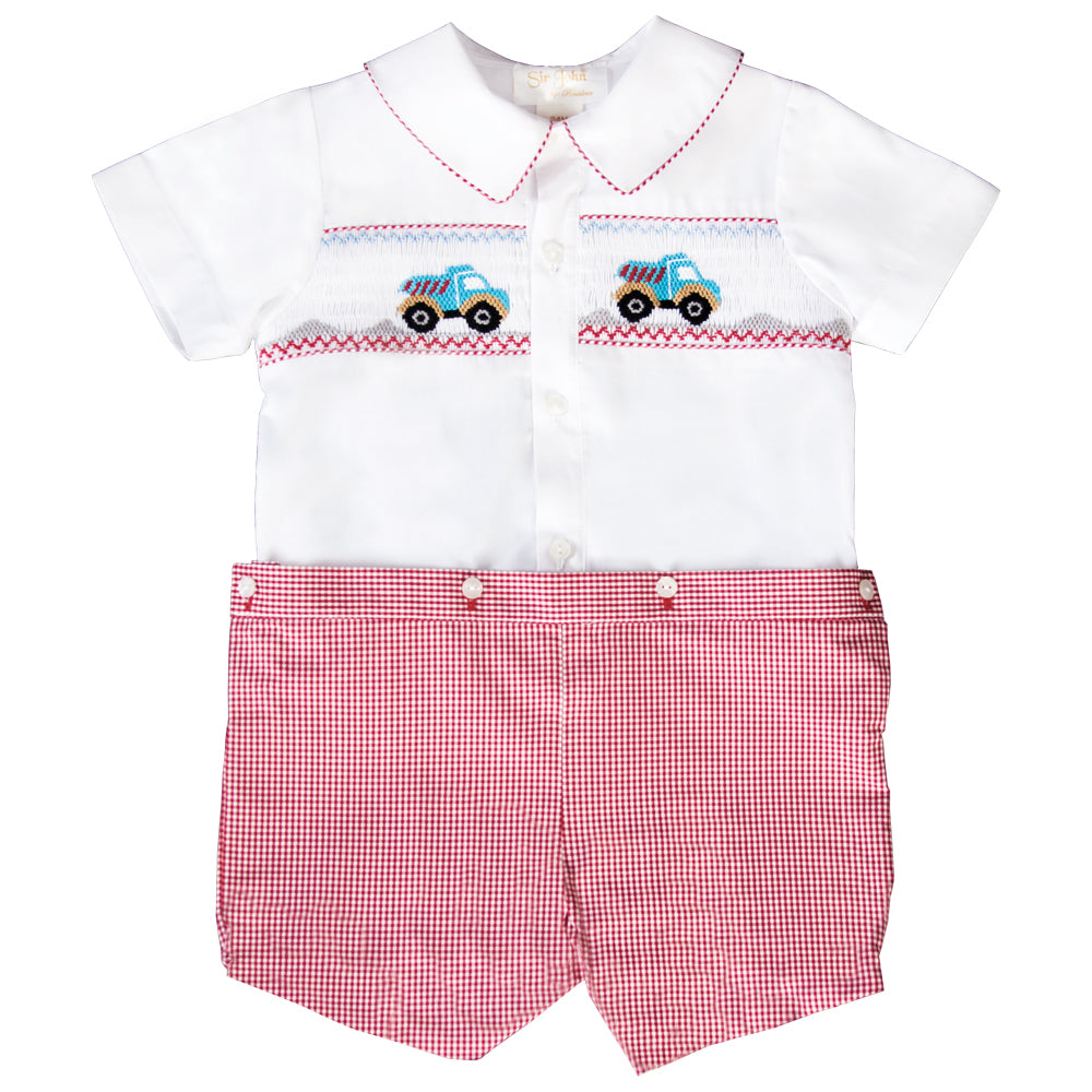 Dump Trucks Wht/Red Gingham Smocked Button-On Short Set 20SU 6673 SS1