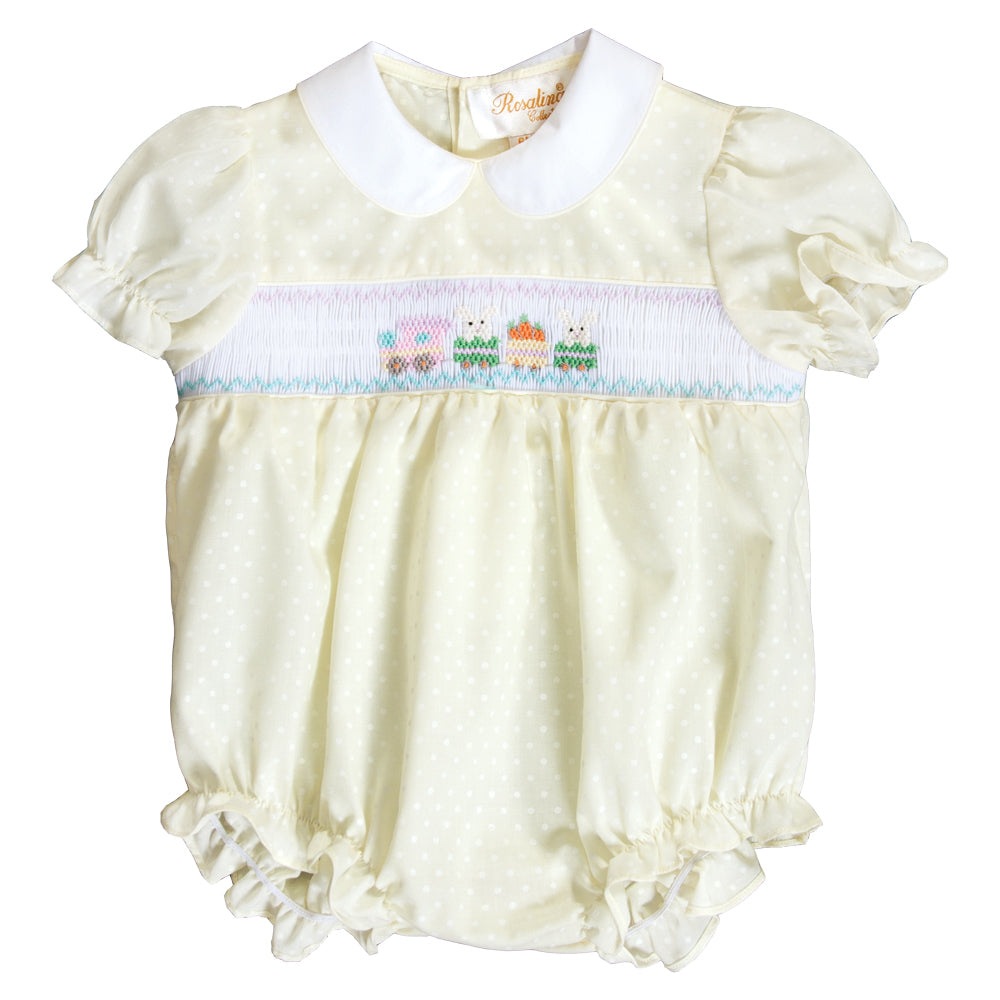 Bunny Train Lt. Yellow Dotted Smocked Girl Bubble 20SP 6685 BUG