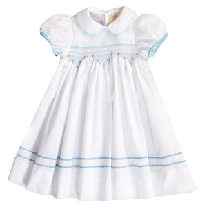 Sarah White Blue English Smocked Baby Dress w/Cap Sleeves 20SP 6688 D BL