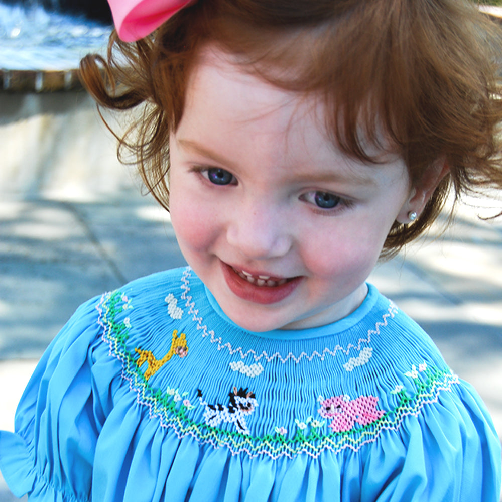 Animals & Flower Field Turquoise Smocked Bishop 20SU 6700 A