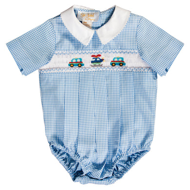 Helicopter & Cars Blue Gingham Smocked Boy Bubble 20SU 6707 BUB