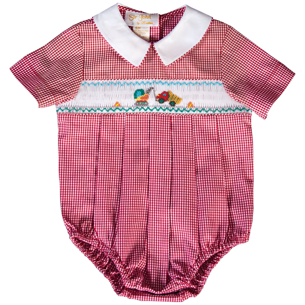 Crane & Truck Red Gingham Smocked Boy Bubble 20SU 6708 BUB