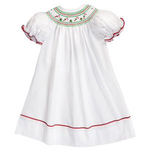 Candy Canes & Christmas Trees White Smocked Bishop w/RicRac 20H 6713 A