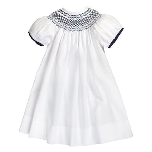 Cassidy White with Navy Blue English Smocked Bishop w/Cap Sleeves 20F 6721 A