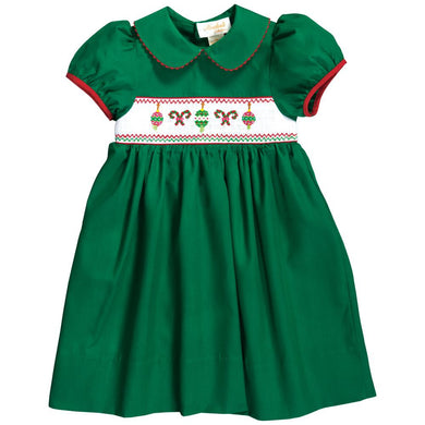 Christmas Ornaments & Candy Canes Smocked Forest Green Baby Dress w/Cap Sleeves