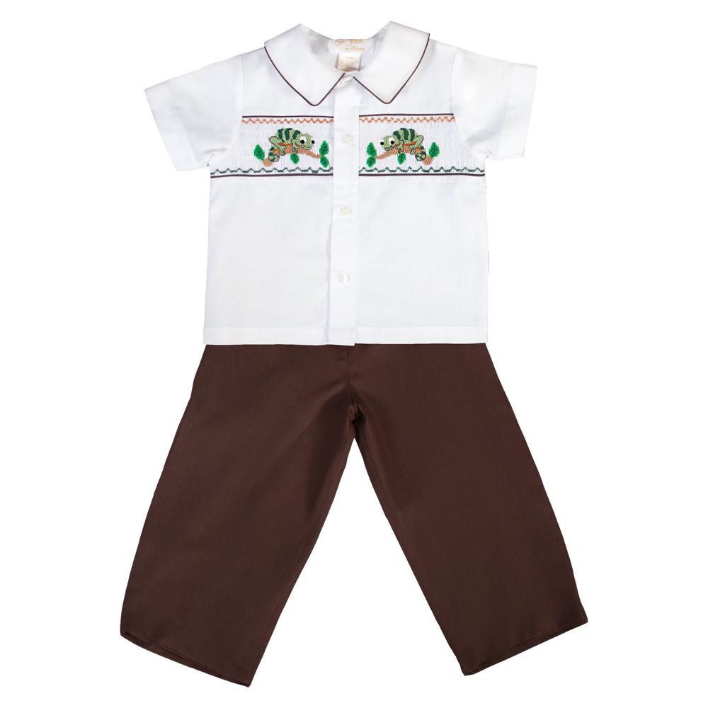 Chameleon Green Lizard Brown/White Smocked Pants Set 20F 6725 SP