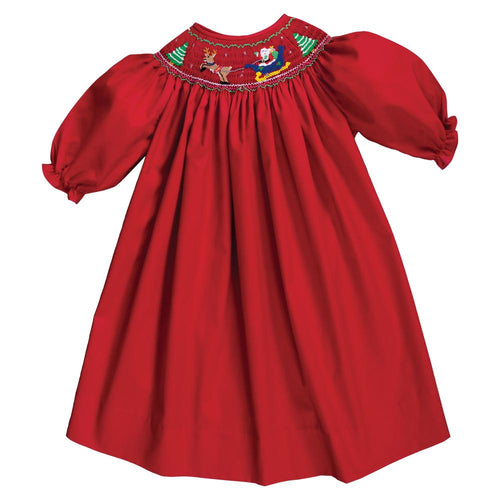 Santa Sleigh & Rudolph Reindeer Red Smocked 3/4 Sleeve Bishop 20H 6729 B