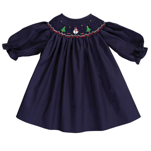 Snowman & Christmas Trees Navy Blue Smocked 3/4 Sleeve Bishop 20H 6730 B