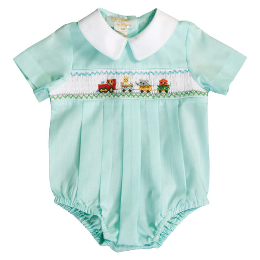 Baby Animal Train Smocked Lt. Turquoise Boy Bubble 20SU 6732 BUB