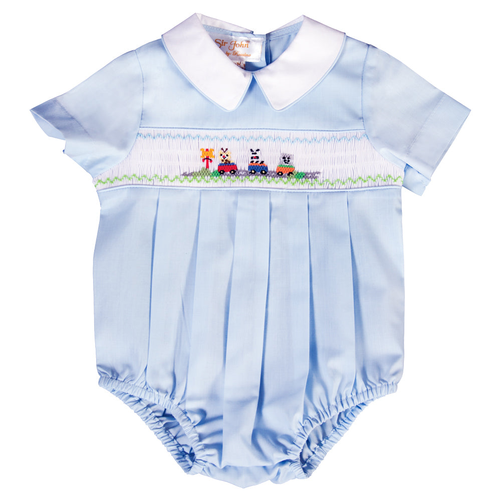 Baby Animal Train Crossing Lt. Blue Smocked Boy Bubble 20SU 6733 BUB