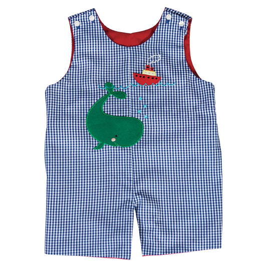 Green Whale Applique Royal Blue Gingham Reversible Romper 20SU 6747 R