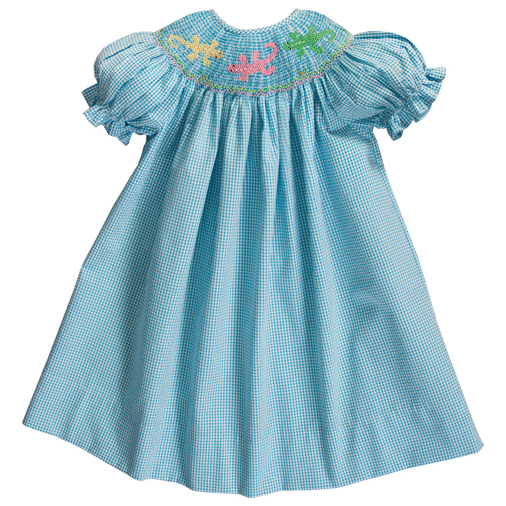 Gecko Turquoise Seersucker Gingham Smocked Bishop 20SU 6748 A