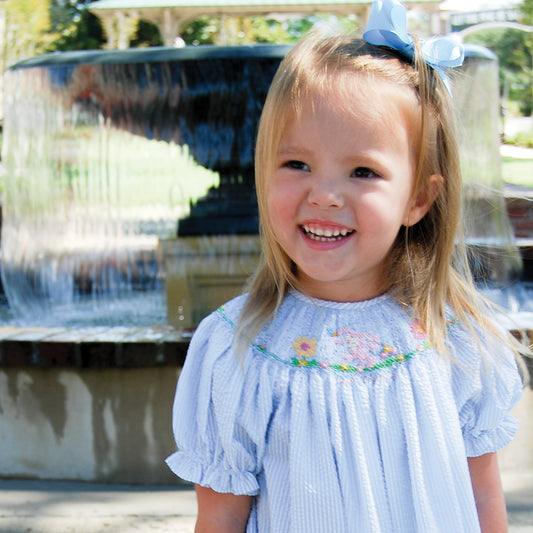 Sunflowers Bunny Blue Striped Seersucker Smocked Bishop 20SP 6749 A