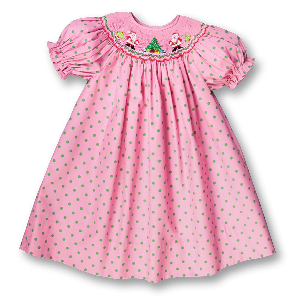 Santa Twins Med. Pink w/Green Dots Smocked Bishop 17H 7001 A