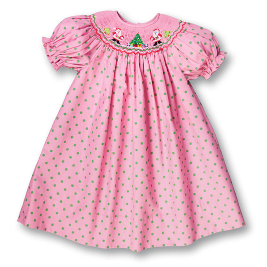 Santa Twins Med. Pink w/Green Dots Smocked Bishop 17H 7001 A