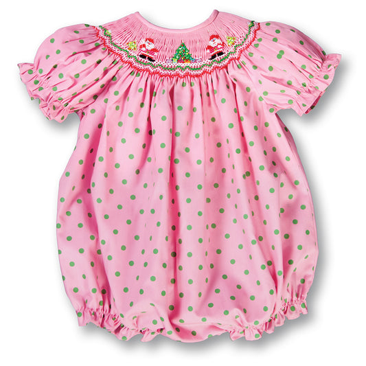 Santa Twins Med. Pink w/Green Dots Smocked Girl Bubble 17H 7001 BUG