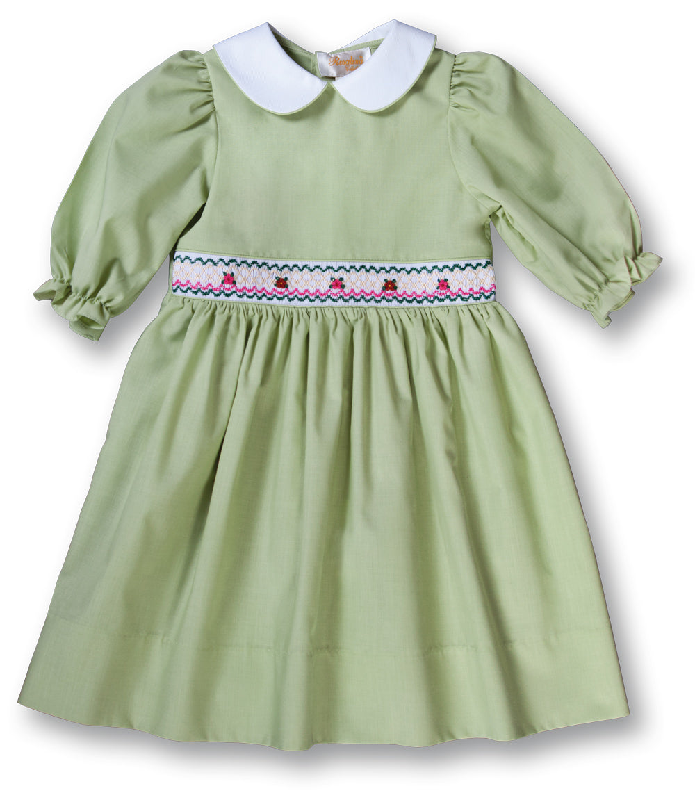 Elena Moss Green 3/4 Sleeve Smocked Baby Dress w/Peter Pan Collar Rosalina Baby Boutique Elena Moss Green 3/4 Sleeve Smocked Baby Dress w/Peter Pan Collar Rosalina Baby Boutique