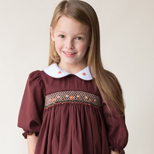 Eleanor Maroon Striped 3/4 Sleeve Smocked Baby Dress w/Peter Pan Collar & RicRac 17F 7007 D