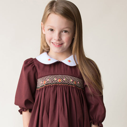 Eleanor Maroon Striped 3/4 Sleeve Smocked Baby Dress w/Peter Pan Collar & RicRac 17F 7007 D