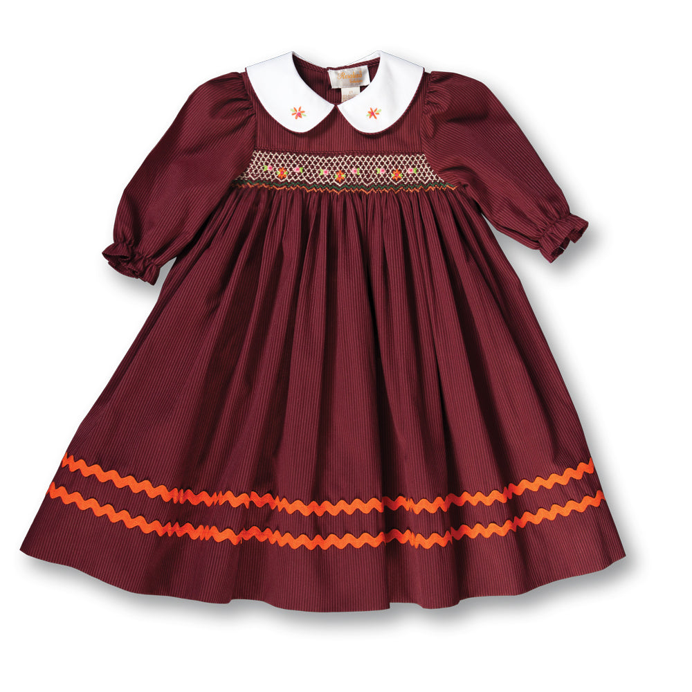 Eleanor Maroon Striped 3/4 Sleeve Smocked Baby Dress w/Peter Pan Collar & RicRac 17F 7007 D