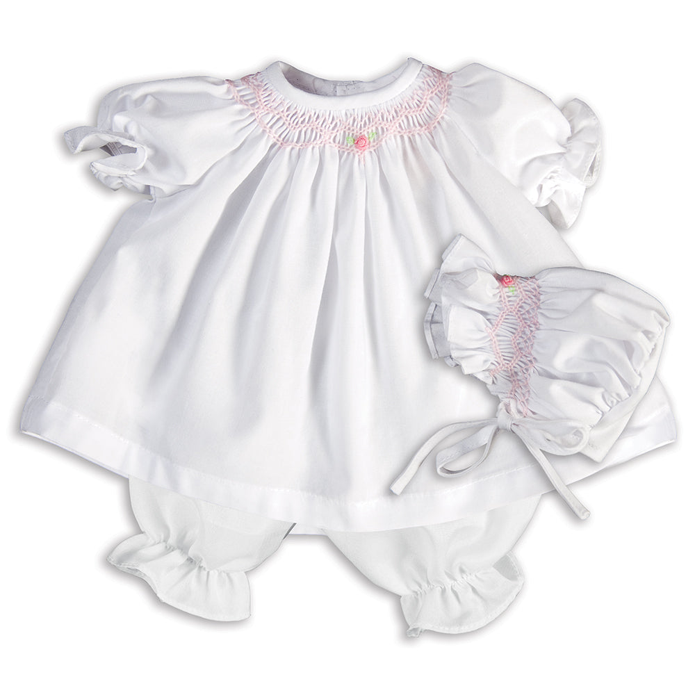 White with Pink Roselle Smocked Doll Dress w/opt. Bonnet AYR 917 DD_WHPK